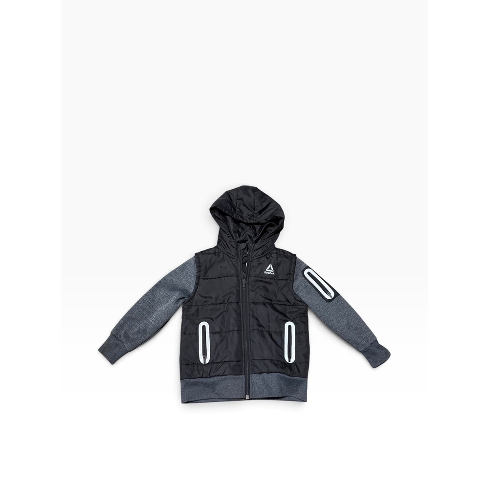 Reebok Boys Black Quilted Hybrid Puffer Hoodie Jacket Gray Sleeves Size 4/5 XS